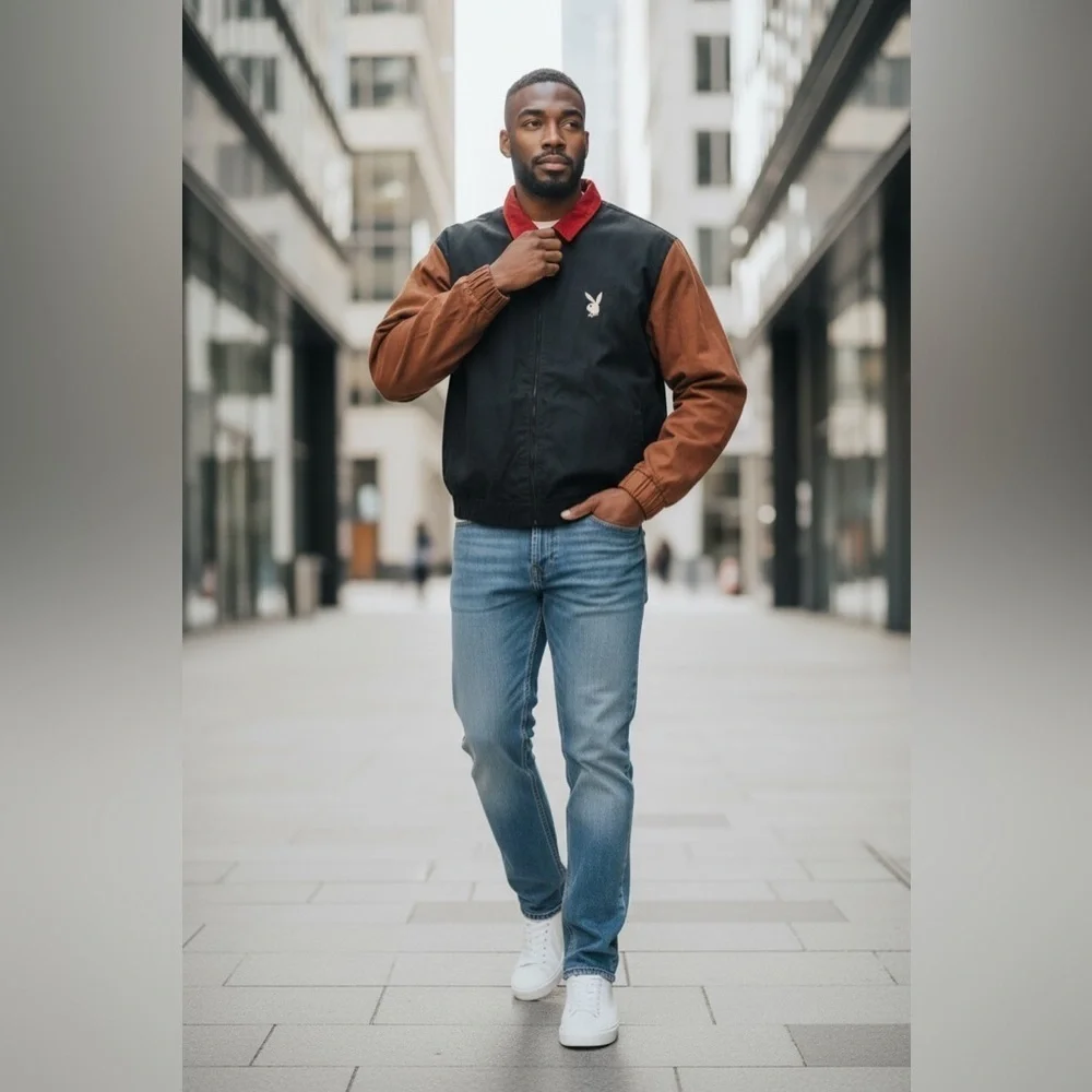 PLAYBOY Men's Black and Rust  Jacket
